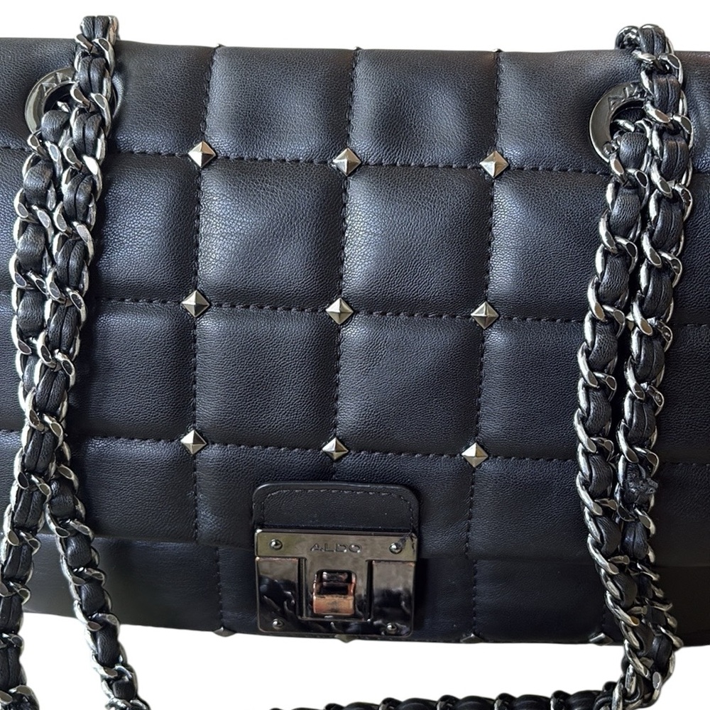 Aldo Olelirin Black Quilted Vegan Leather Silver Studded Crossbody Shoulder Bag - Picture 6 of 16